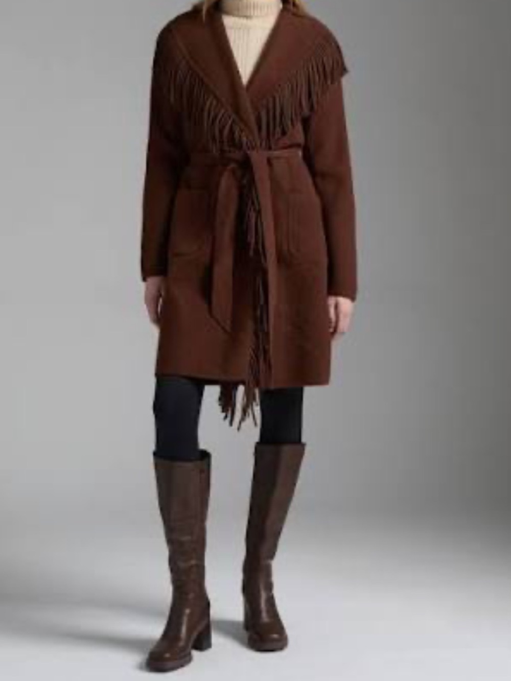 NVLT Brown Fringe Belted Women’s Cardigan Coat - Picture 2 of 3